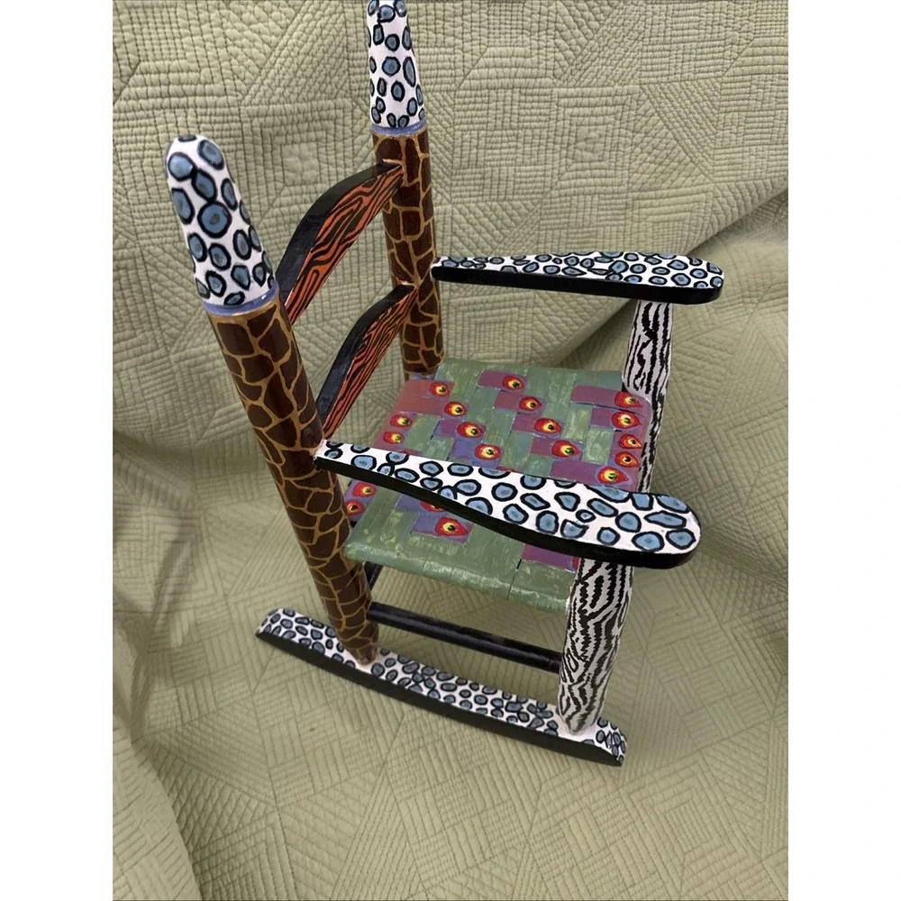 Hand Painted Folk Art Doll Rocking Chair Animal Print Miniature 16